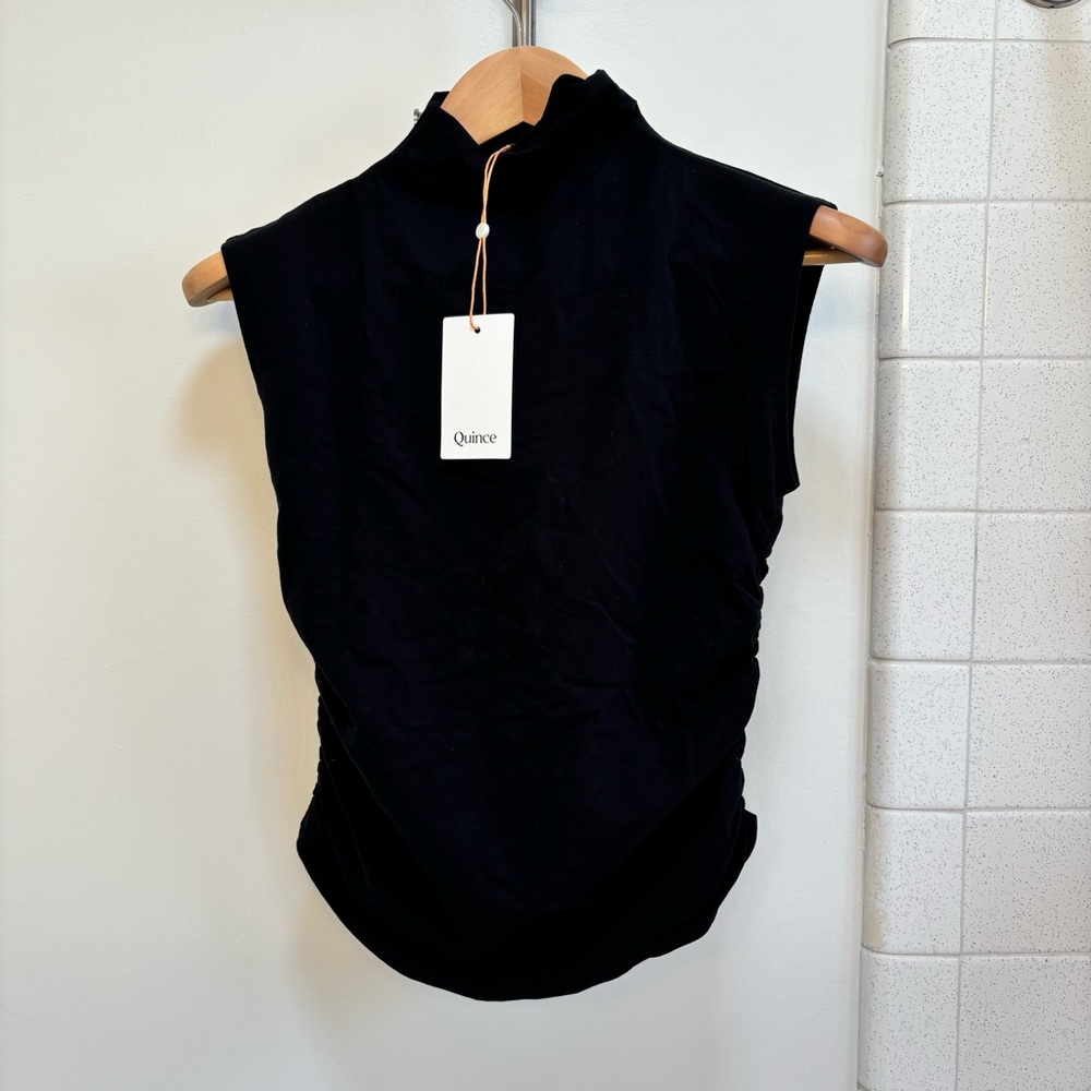 Quince Black Sleeveless Blouse Mock Turtleneck Tank Top Medium NWT Career - Picture 2 of 8